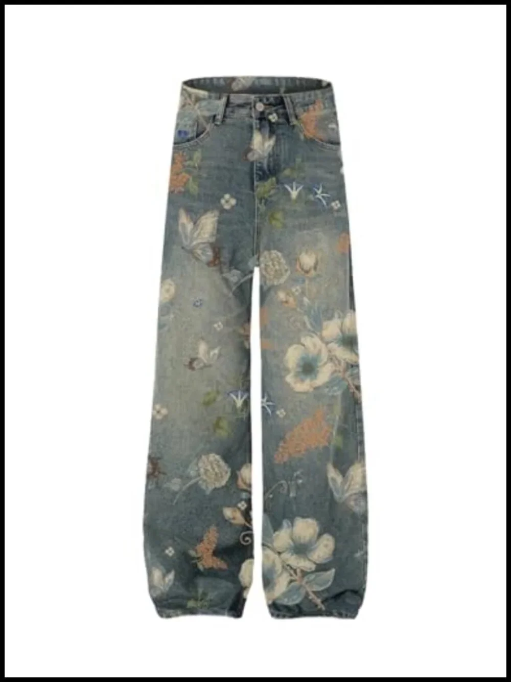 Plant Flower Print Baggy Wide Leg Denim Jeans Y2k Harajuku